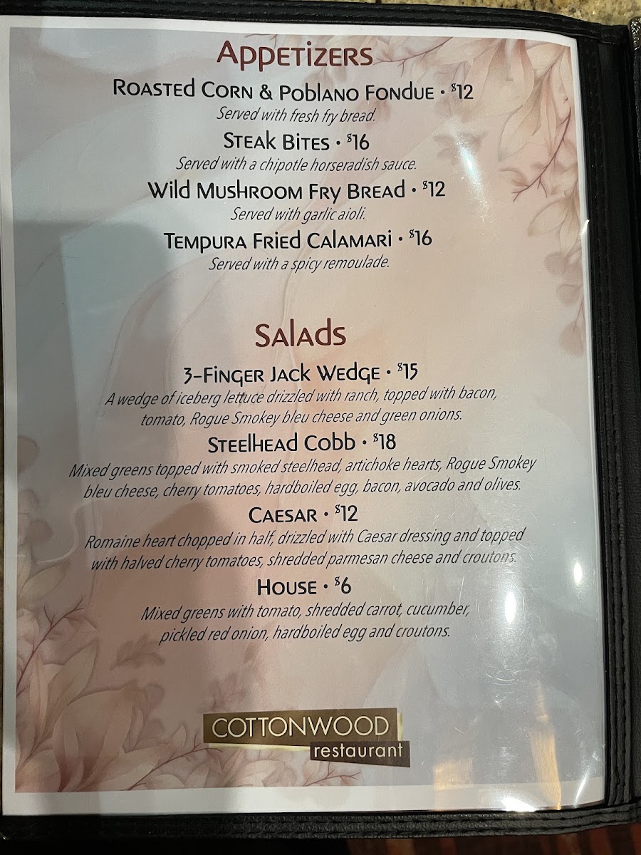 Cottonwood Restaurant menu board