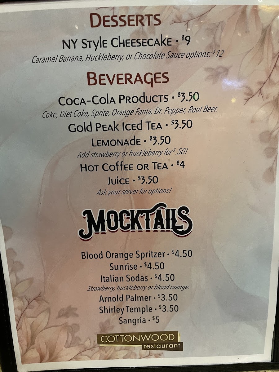 Cottonwood Restaurant menu board