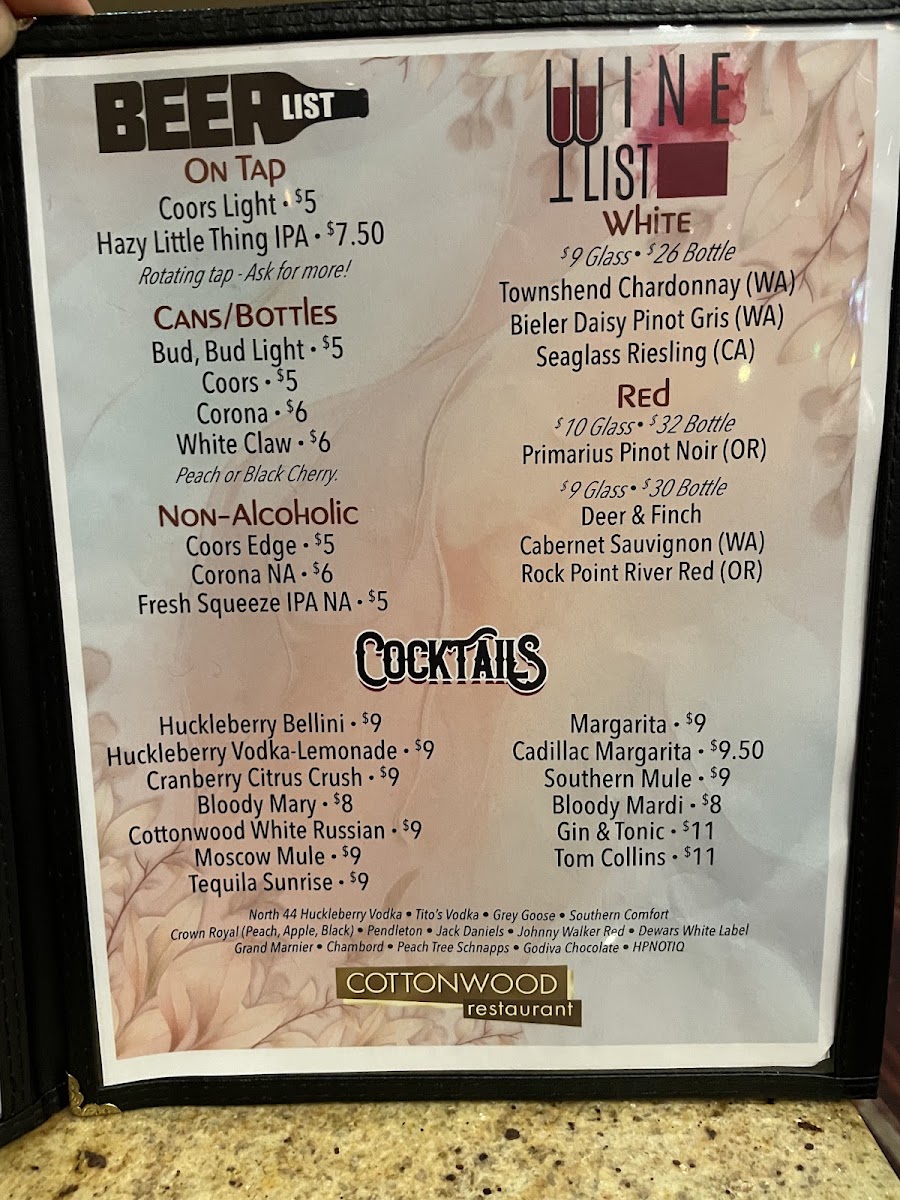 Cottonwood Restaurant menu board