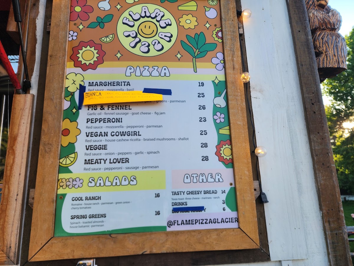 Flame Pizza Glacier menu board