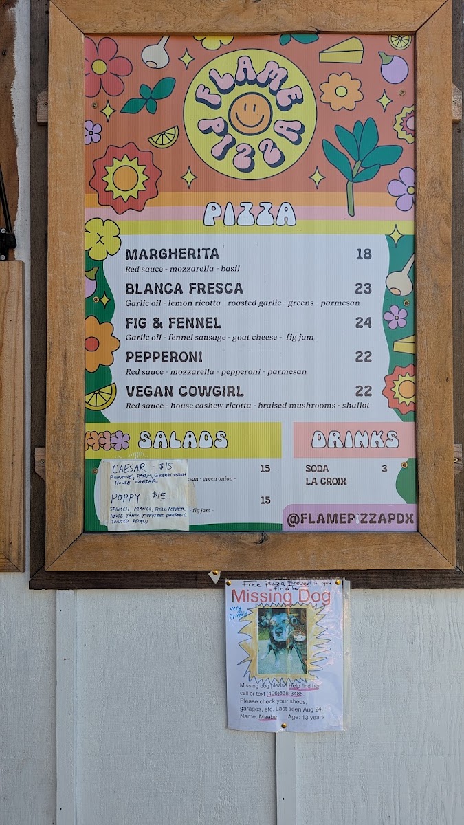 Flame Pizza Glacier menu board