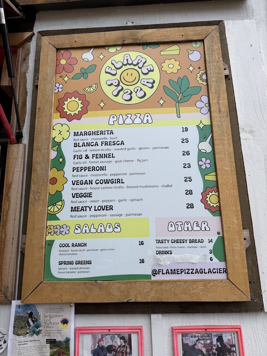 Flame Pizza Glacier menu board