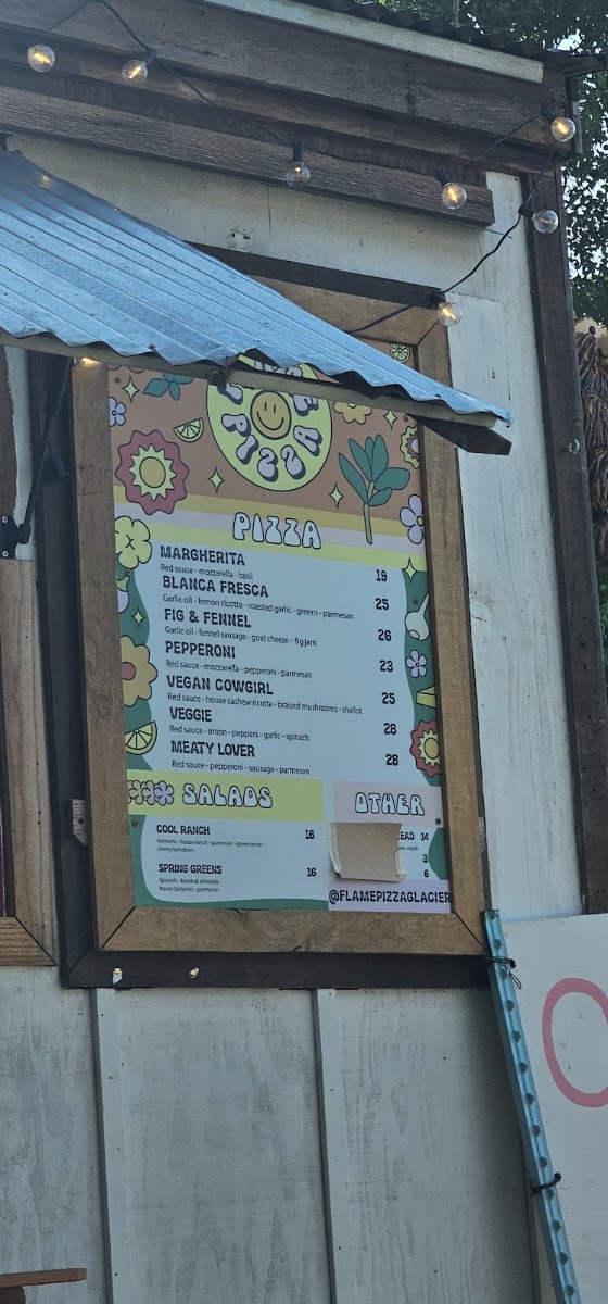 Flame Pizza Glacier menu board