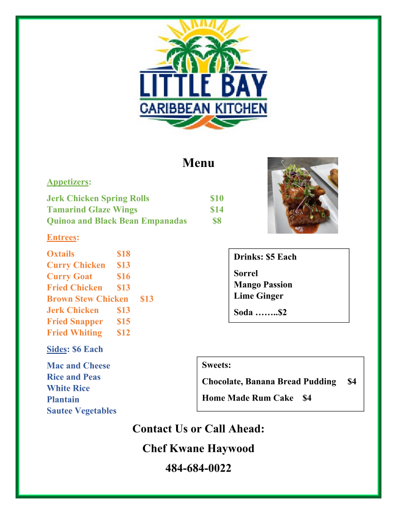 Little Bay Caribbean Kitchen menu board