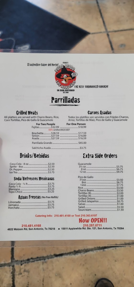 Frank’s Pollo Asado Los Norteños menu board