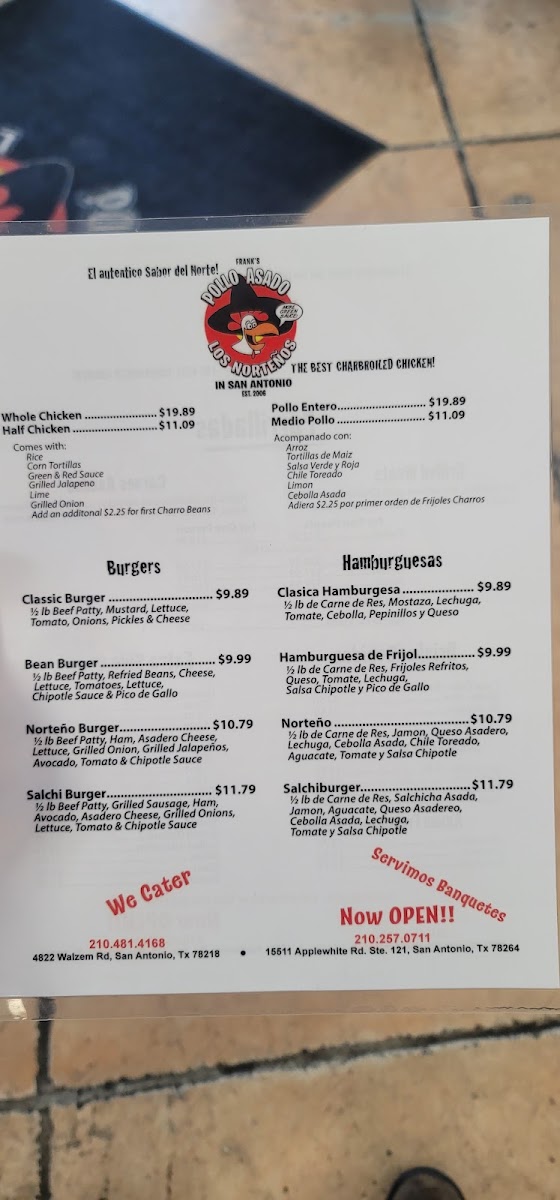 Frank’s Pollo Asado Los Norteños menu board