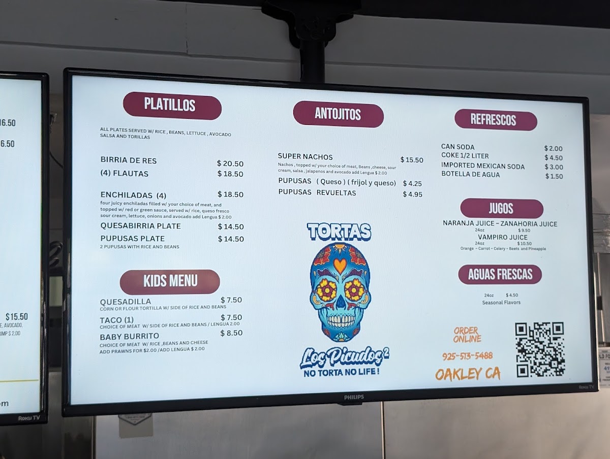 Tortas y taqueria Los Picudos 2 menu board