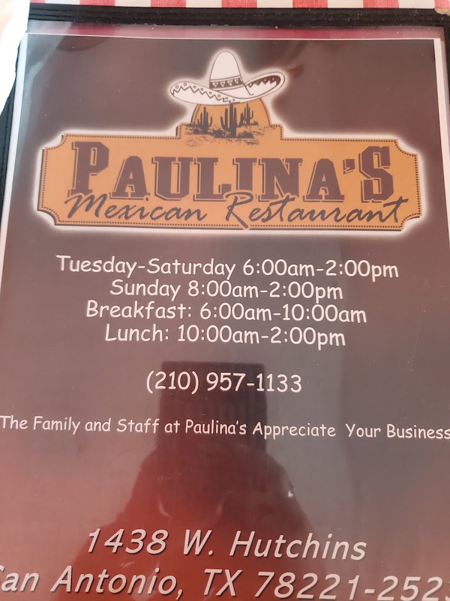 Paulina's Mexican Restaurant menu board