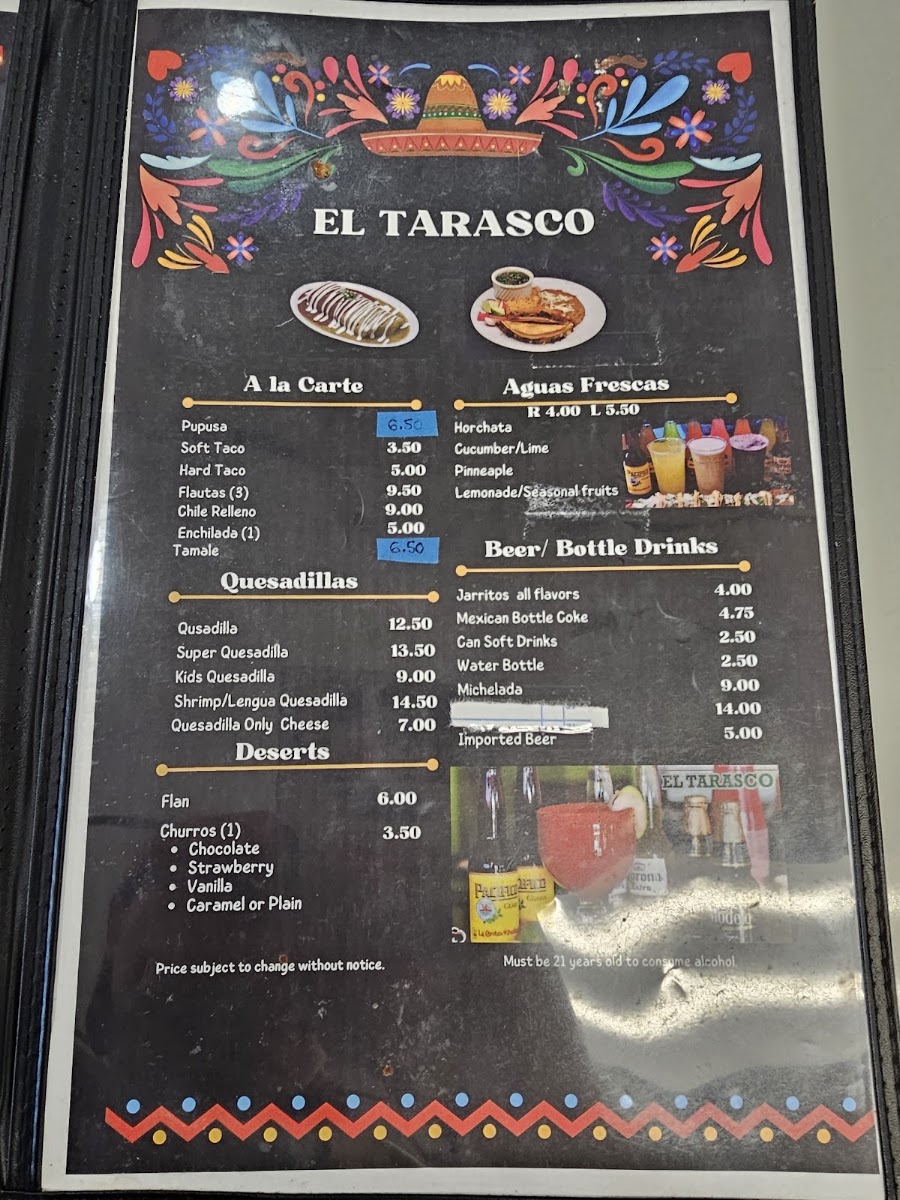 El Tarasco menu board
