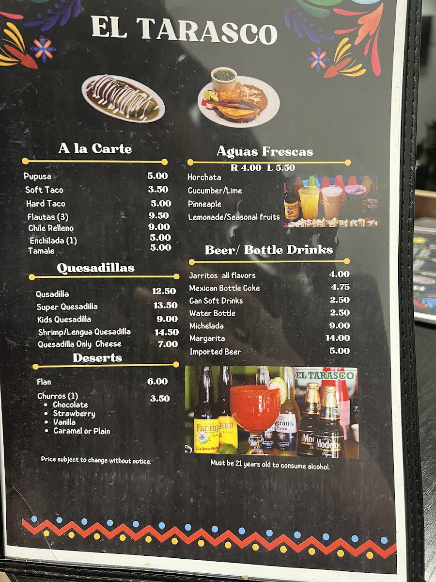 El Tarasco menu board