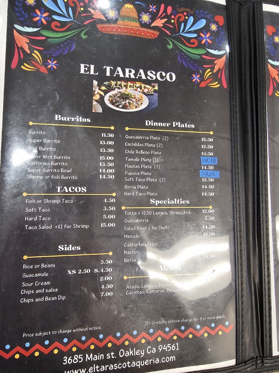 El Tarasco menu board