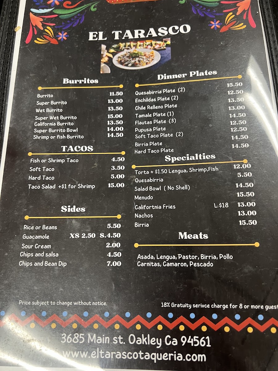El Tarasco menu board