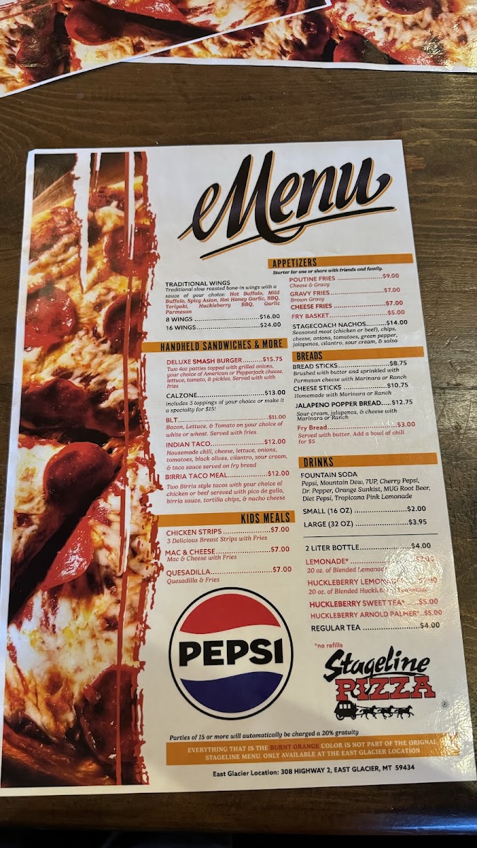 East Glacier Stageline Pizza menu board