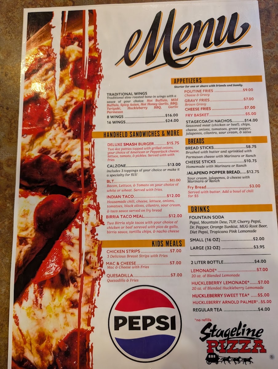 East Glacier Stageline Pizza menu board