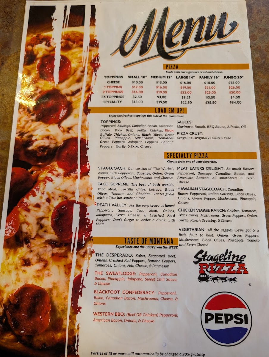 East Glacier Stageline Pizza menu board