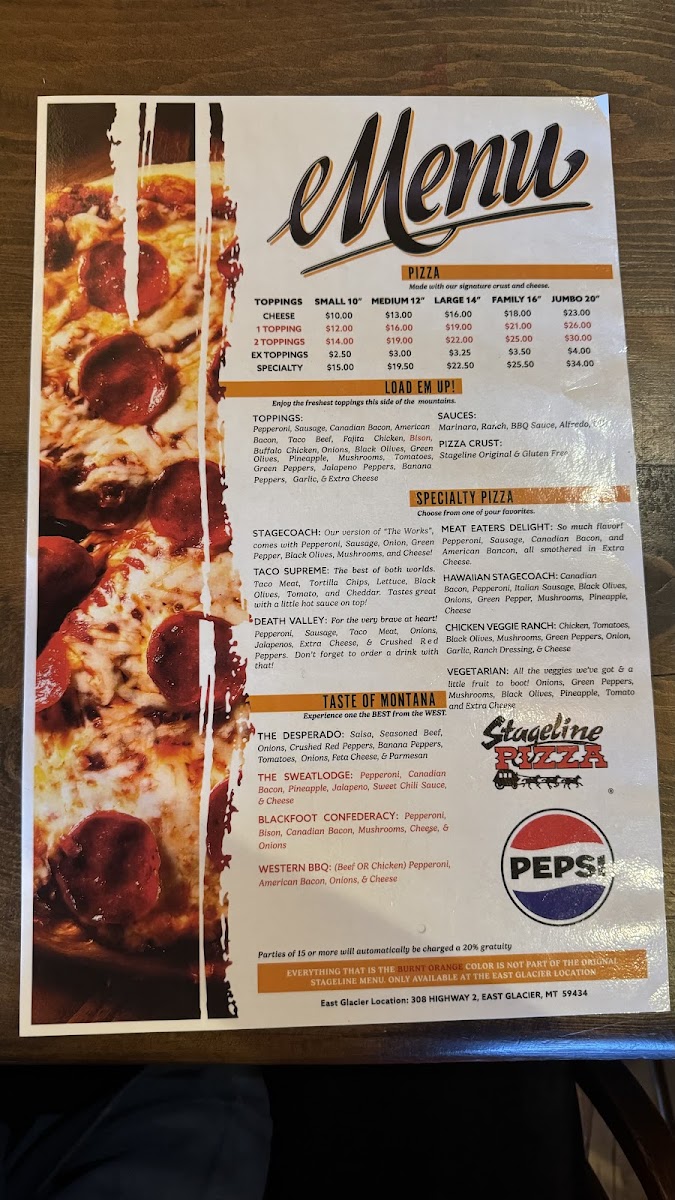 East Glacier Stageline Pizza menu board