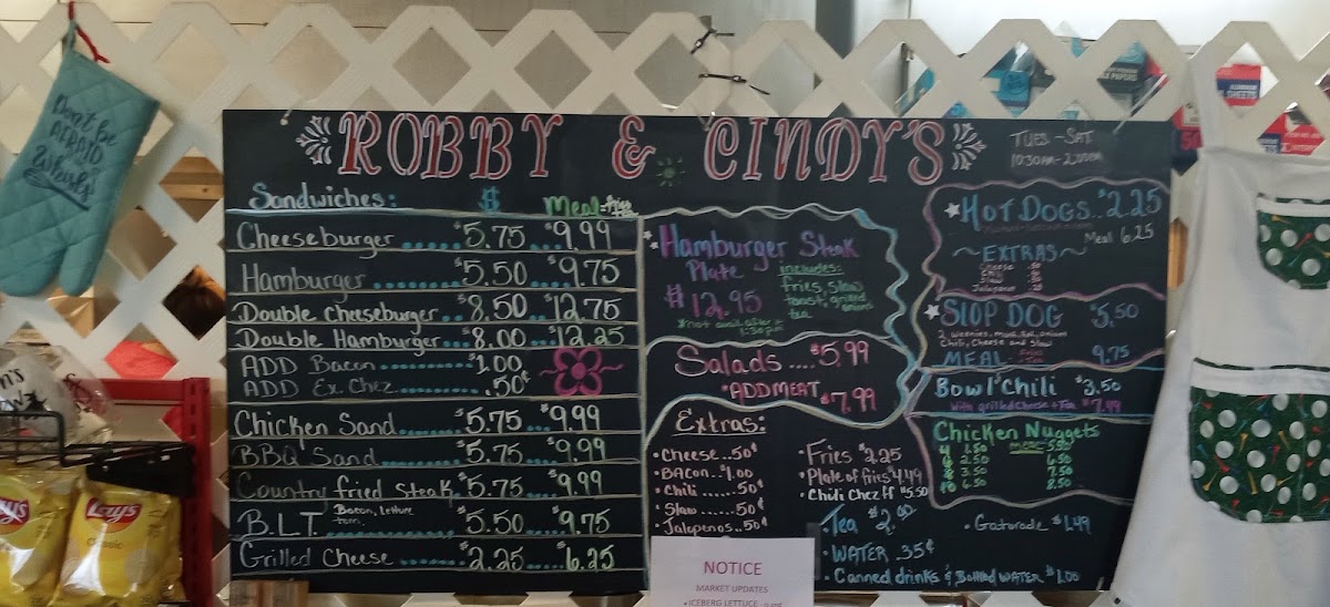 Robby And Cindy's Cafe menu board