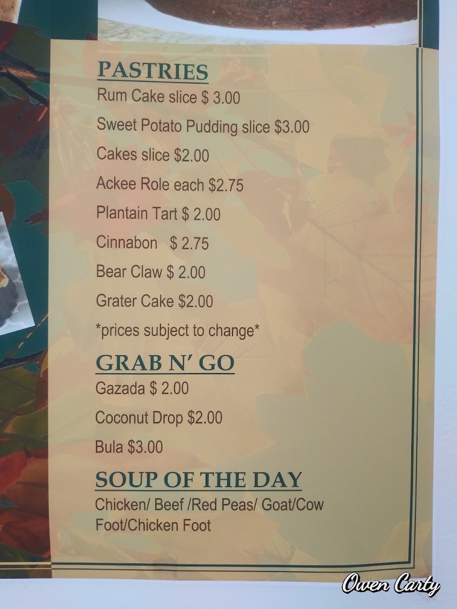 Scotch Bonnet Jamaican Bakery & Grill menu board