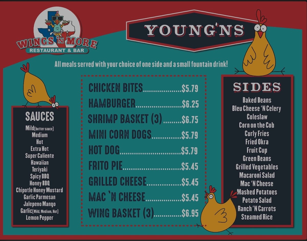Wings 'N More Restaurant & Bar menu board