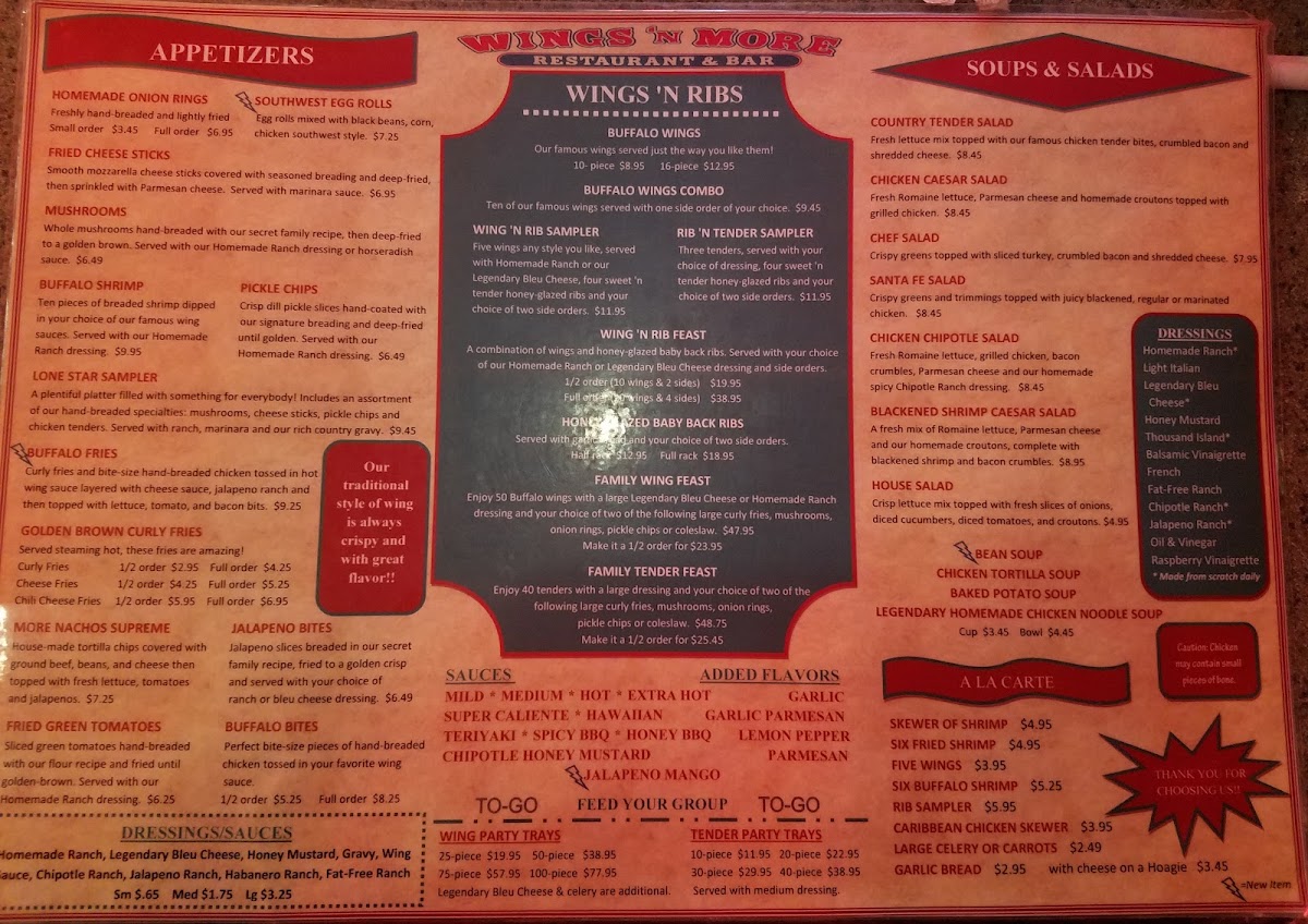 Wings 'N More Restaurant & Bar menu board