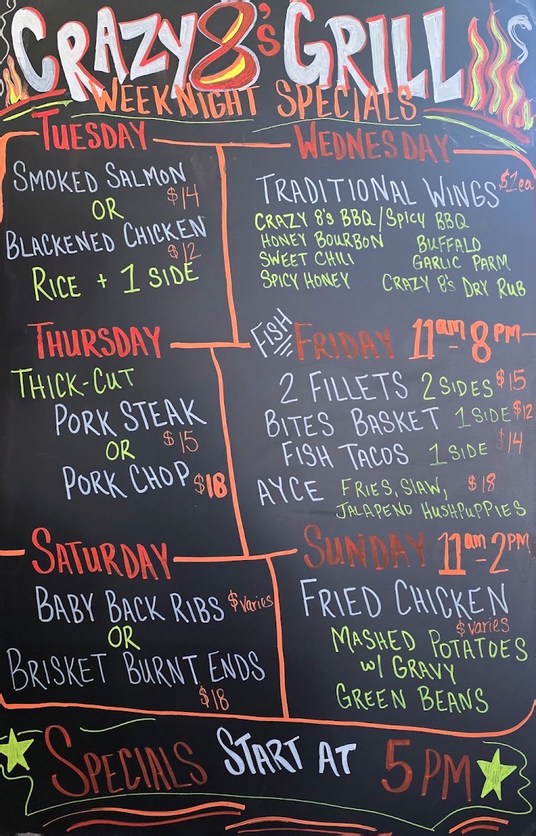 Crazy 8's Grill menu board