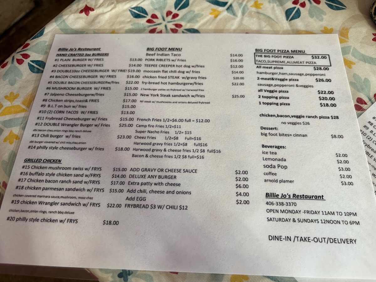 Billie-Jo's Home Of The Bigfoot menu board