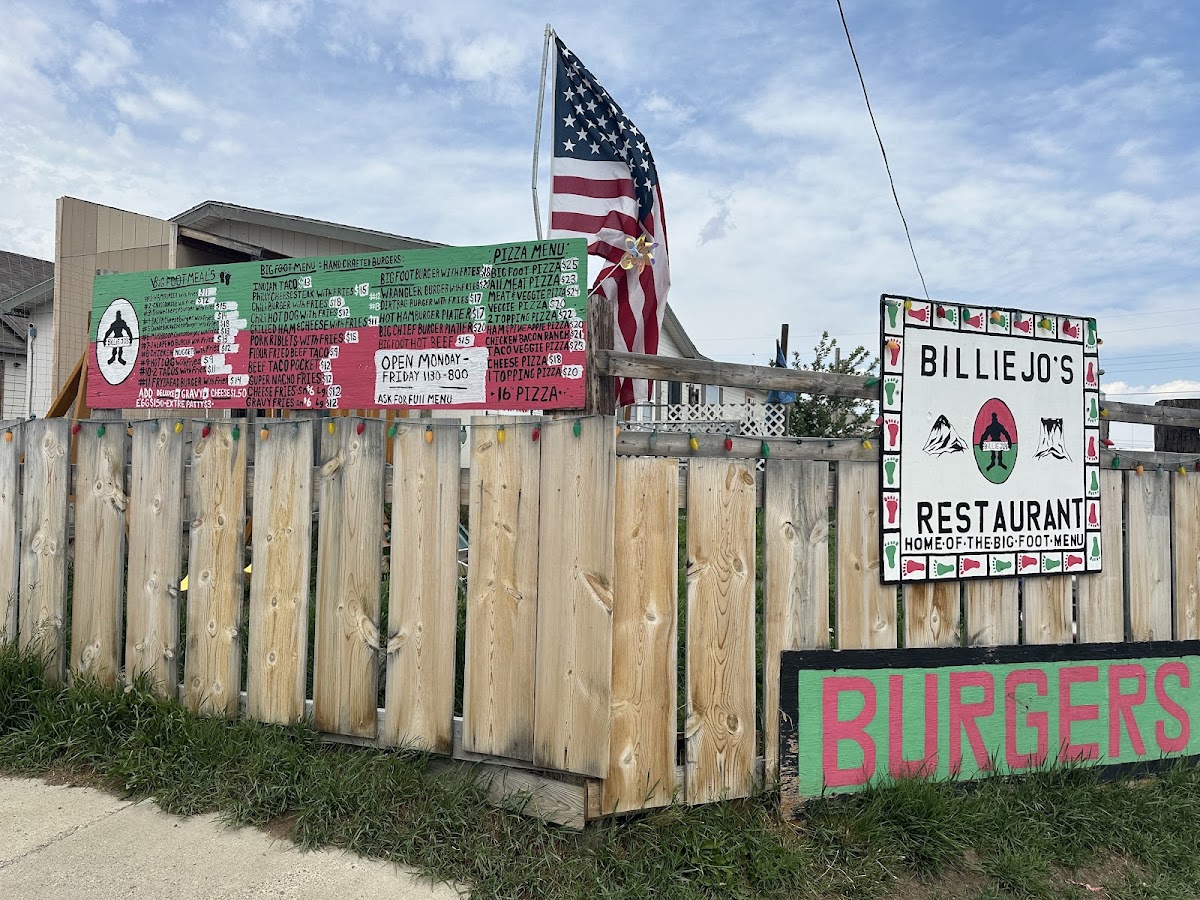 Billie-Jo's Home Of The Bigfoot menu board
