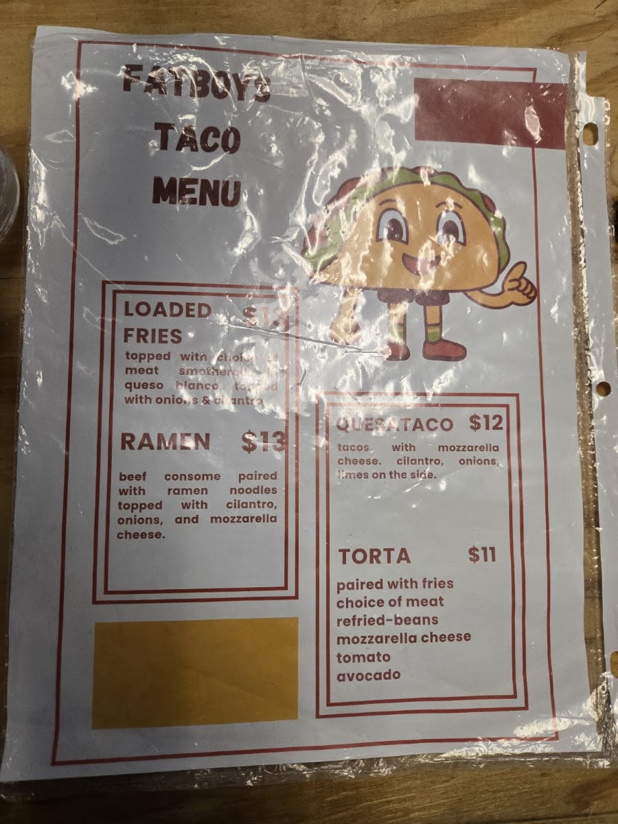 Fatboys Taco menu board
