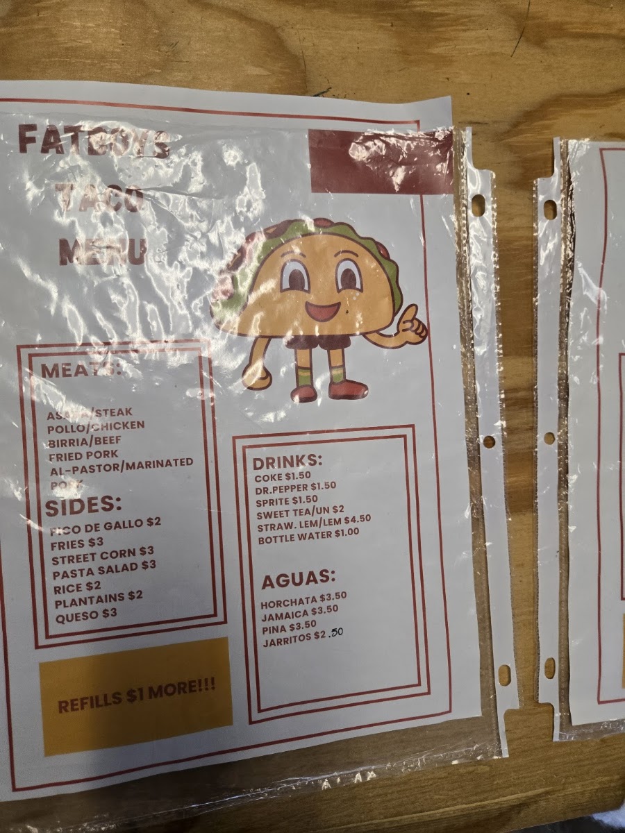 Fatboys Taco menu board