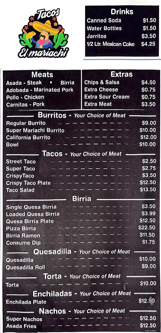 Birria Tacos El Mariachi menu board