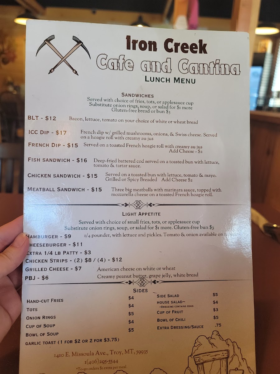Iron Creek Cafe and Cantina menu board