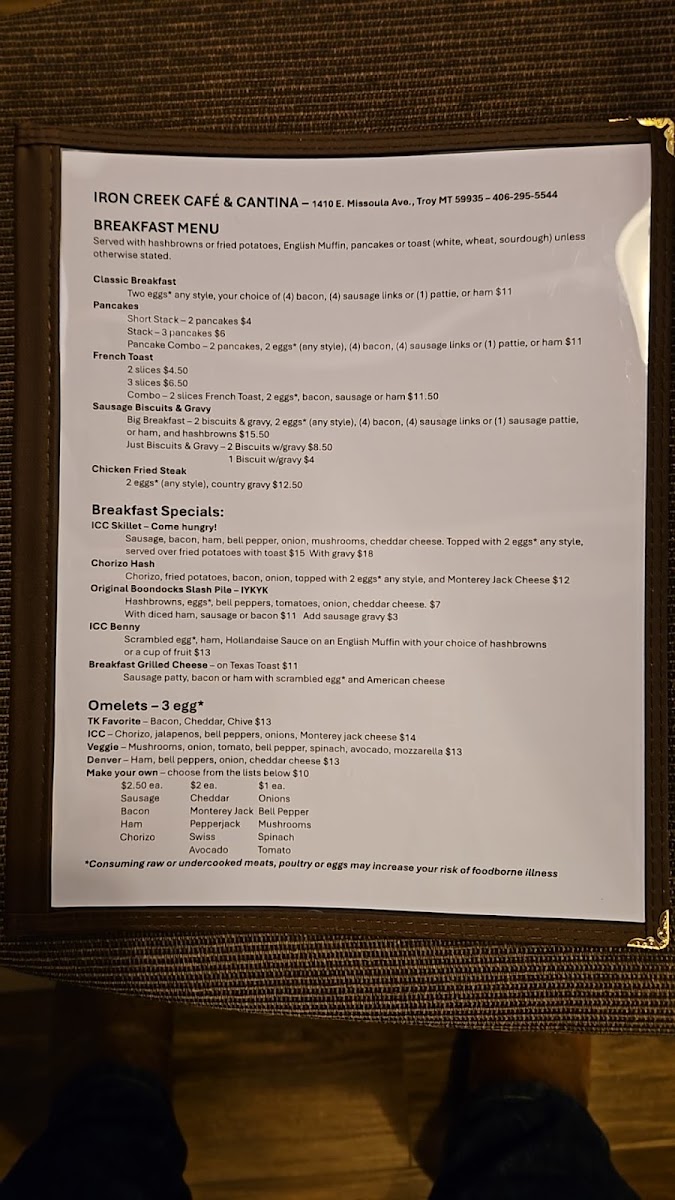 Iron Creek Cafe and Cantina menu board
