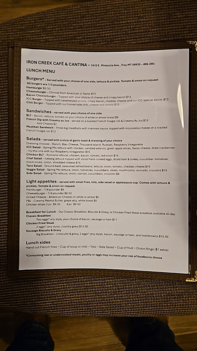 Iron Creek Cafe and Cantina menu board