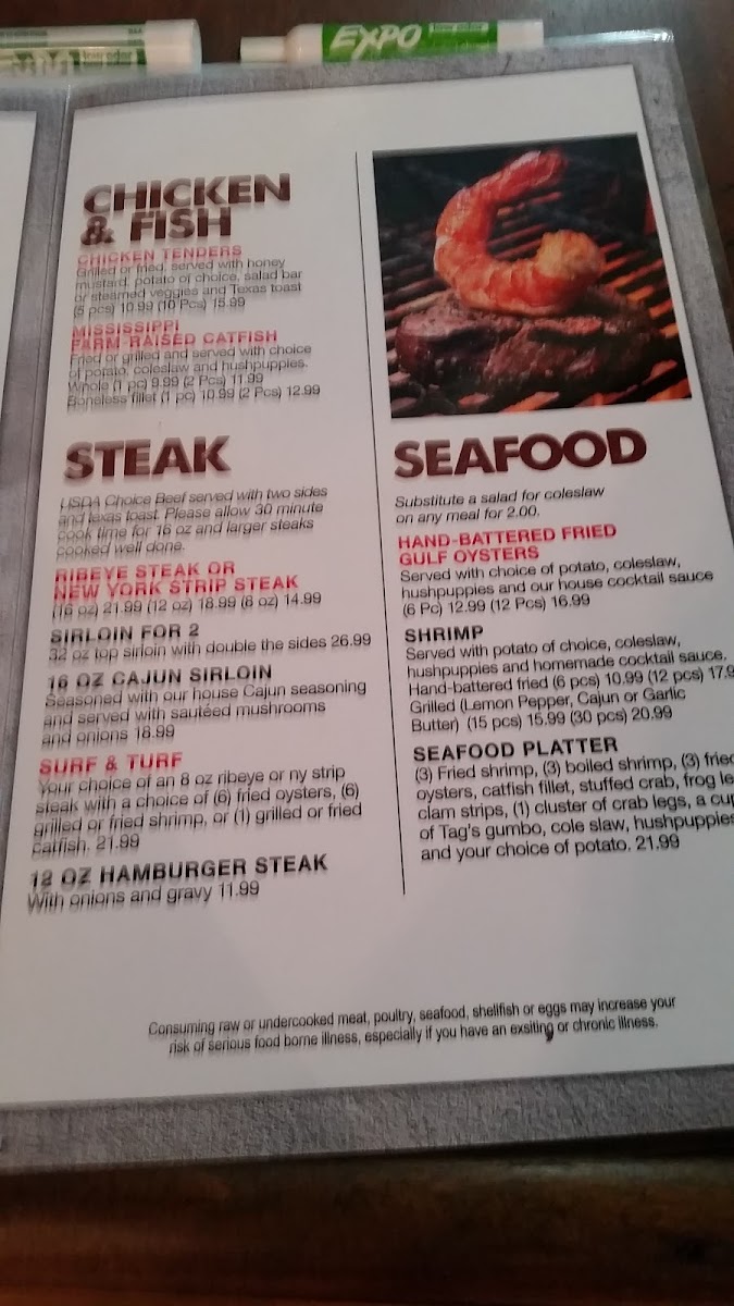Tag's Surf & Turf menu board