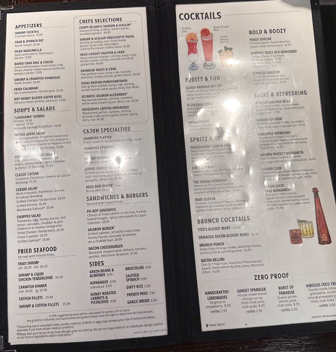 Pappadeaux Seafood Bar menu board
