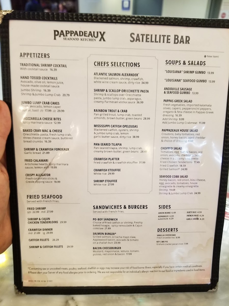 Pappadeaux Seafood Bar menu board