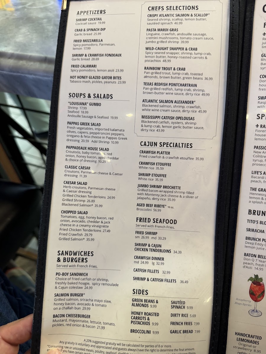 Pappadeaux Seafood Bar menu board