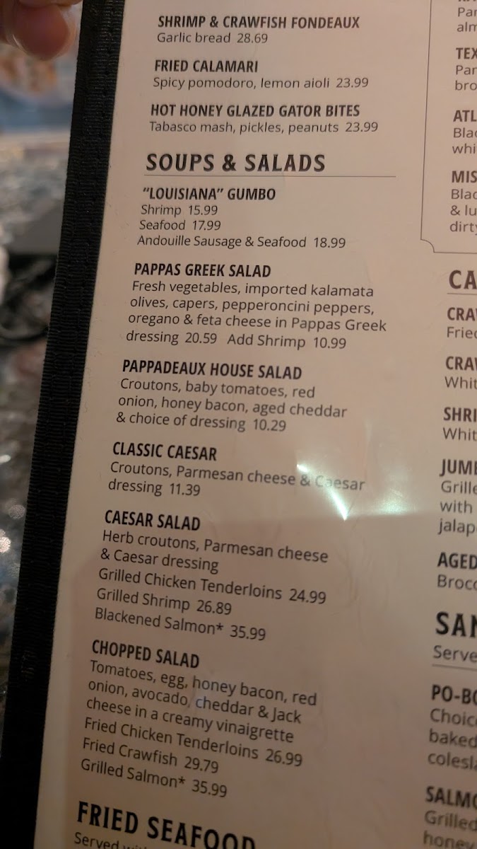 Pappadeaux Seafood Bar menu board