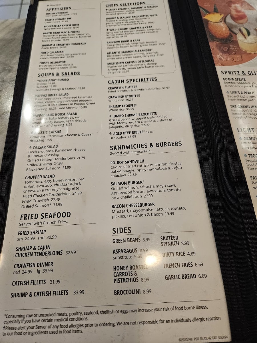 Pappadeaux Seafood Bar menu board