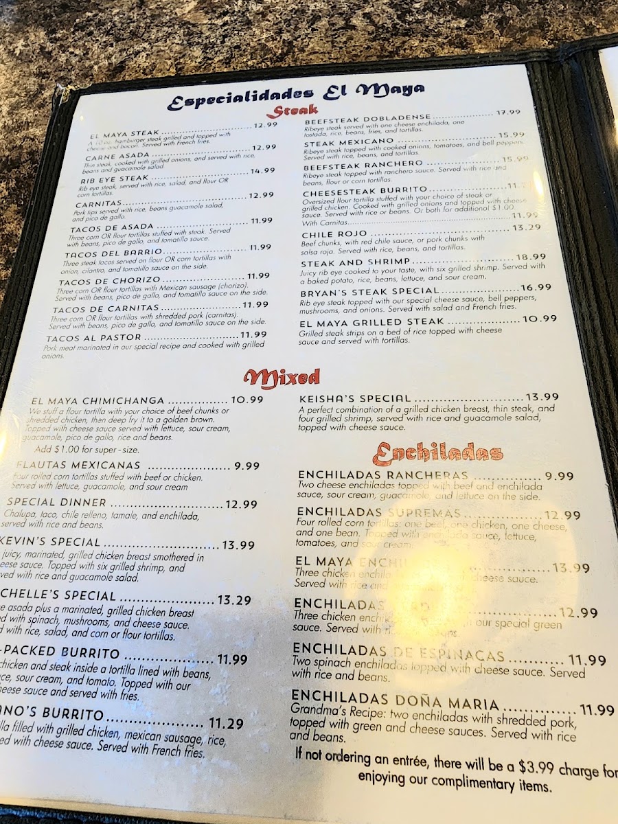 El Maya Mexican Cuisine Alva menu board