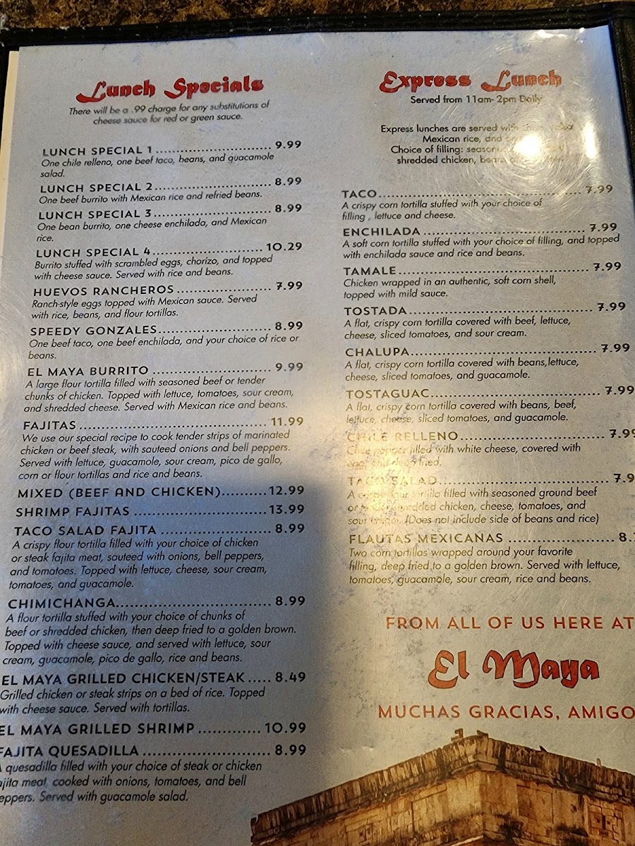 El Maya Mexican Cuisine Alva menu board
