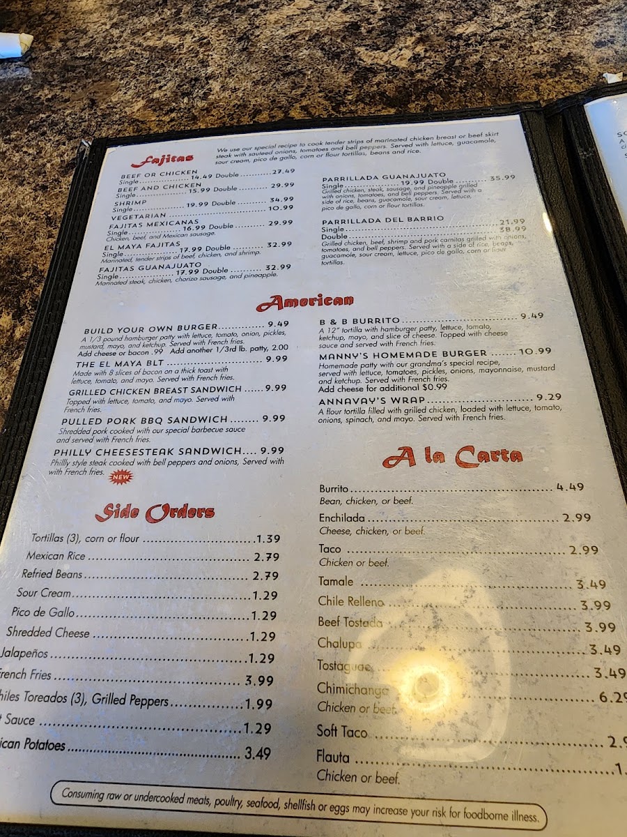 El Maya Mexican Cuisine Alva menu board