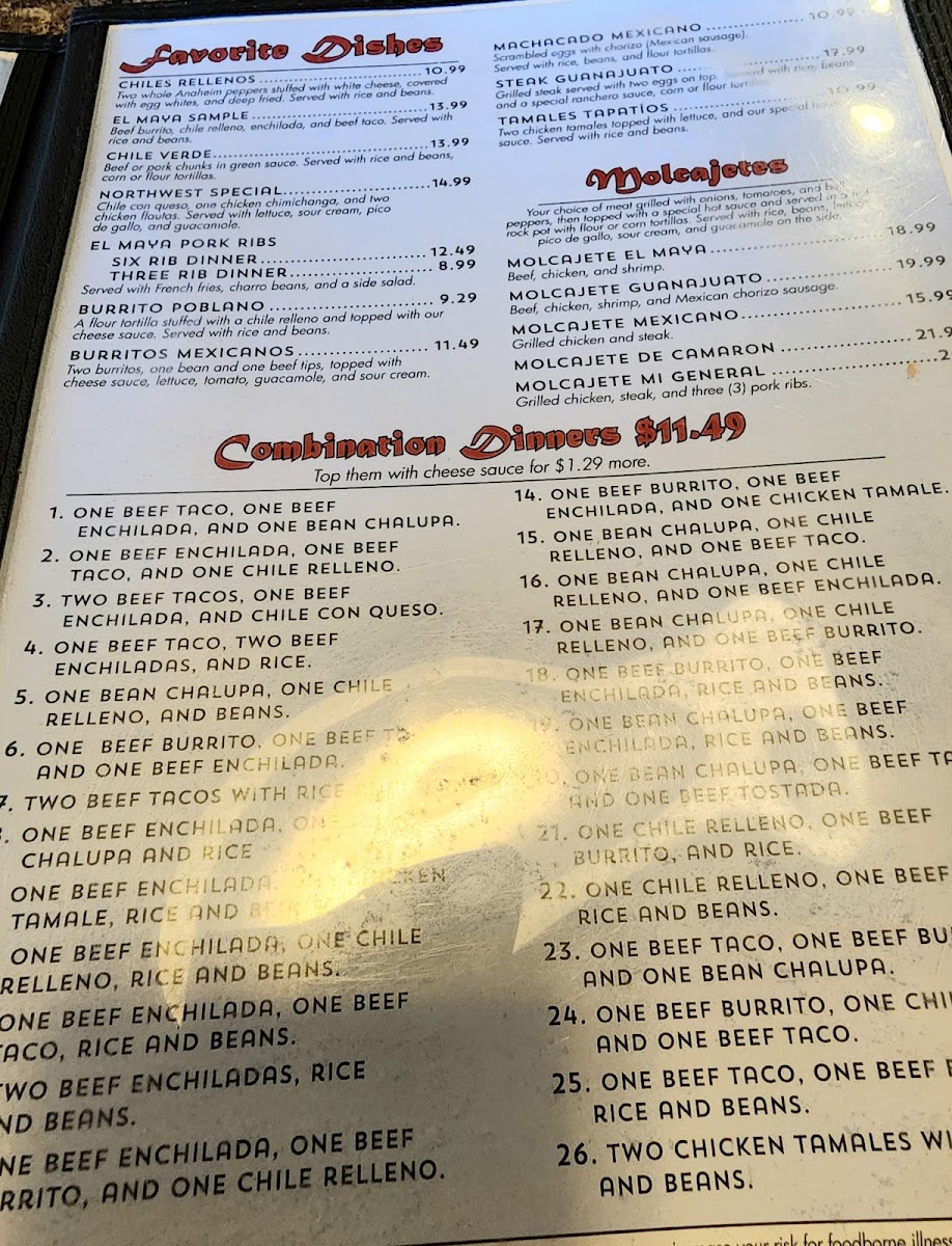 El Maya Mexican Cuisine Alva menu board