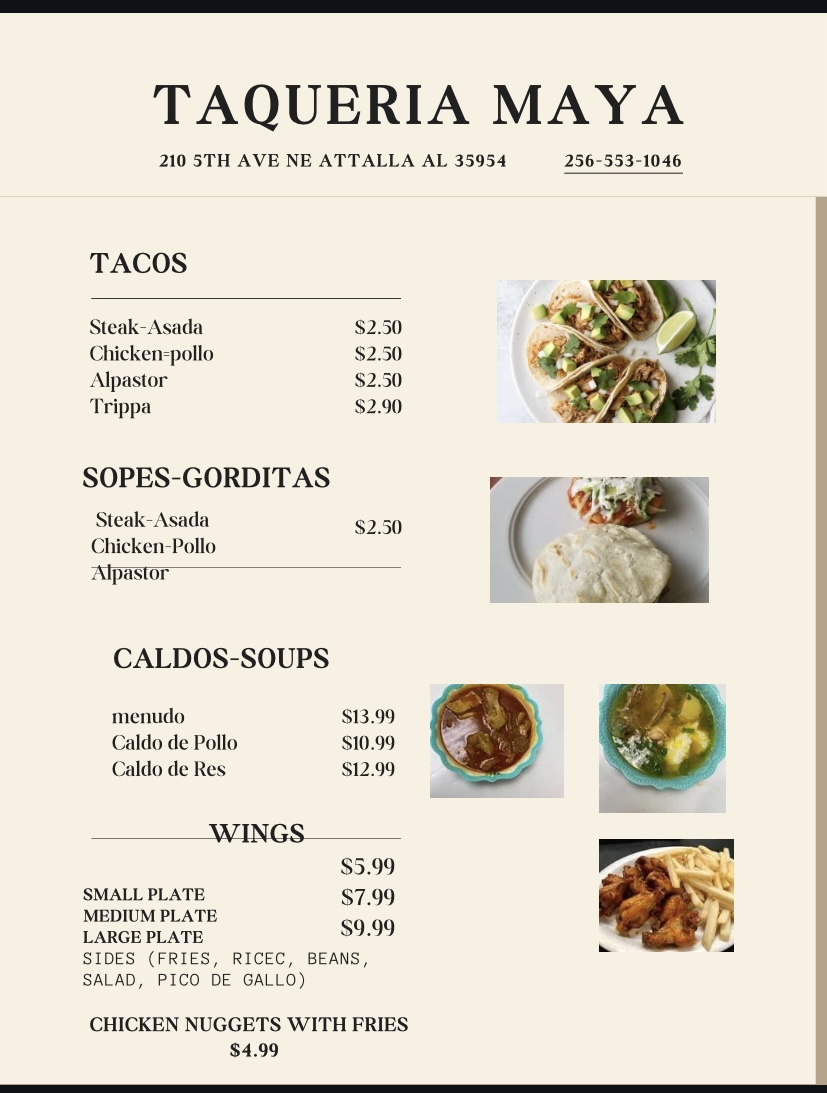 Tienda y Taqueria MAYA lll menu board