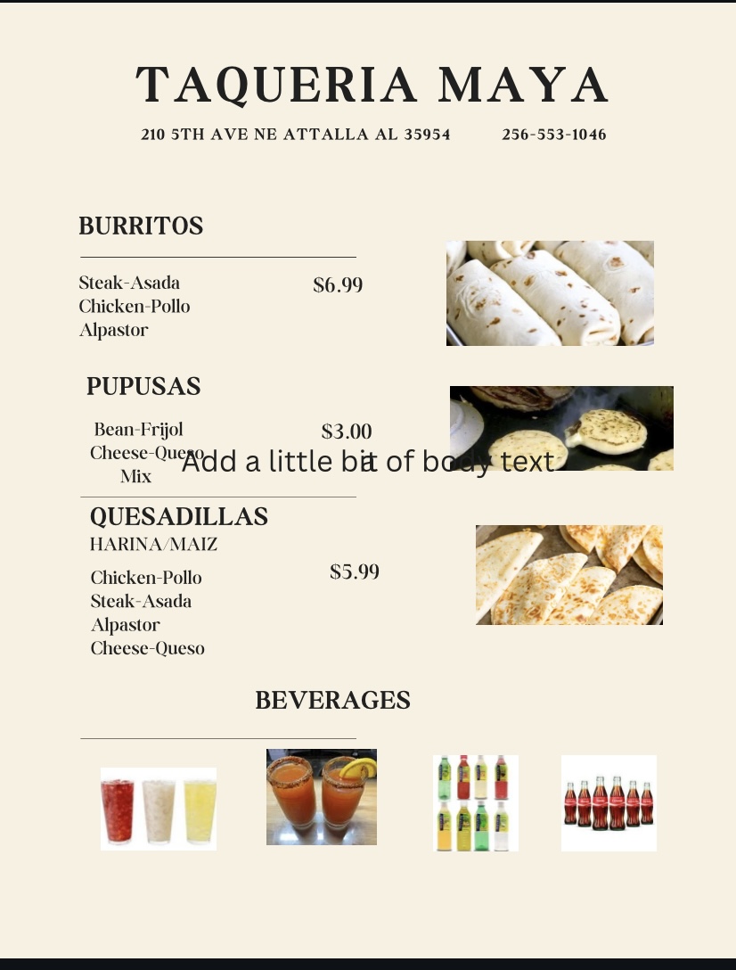 Tienda y Taqueria MAYA lll menu board