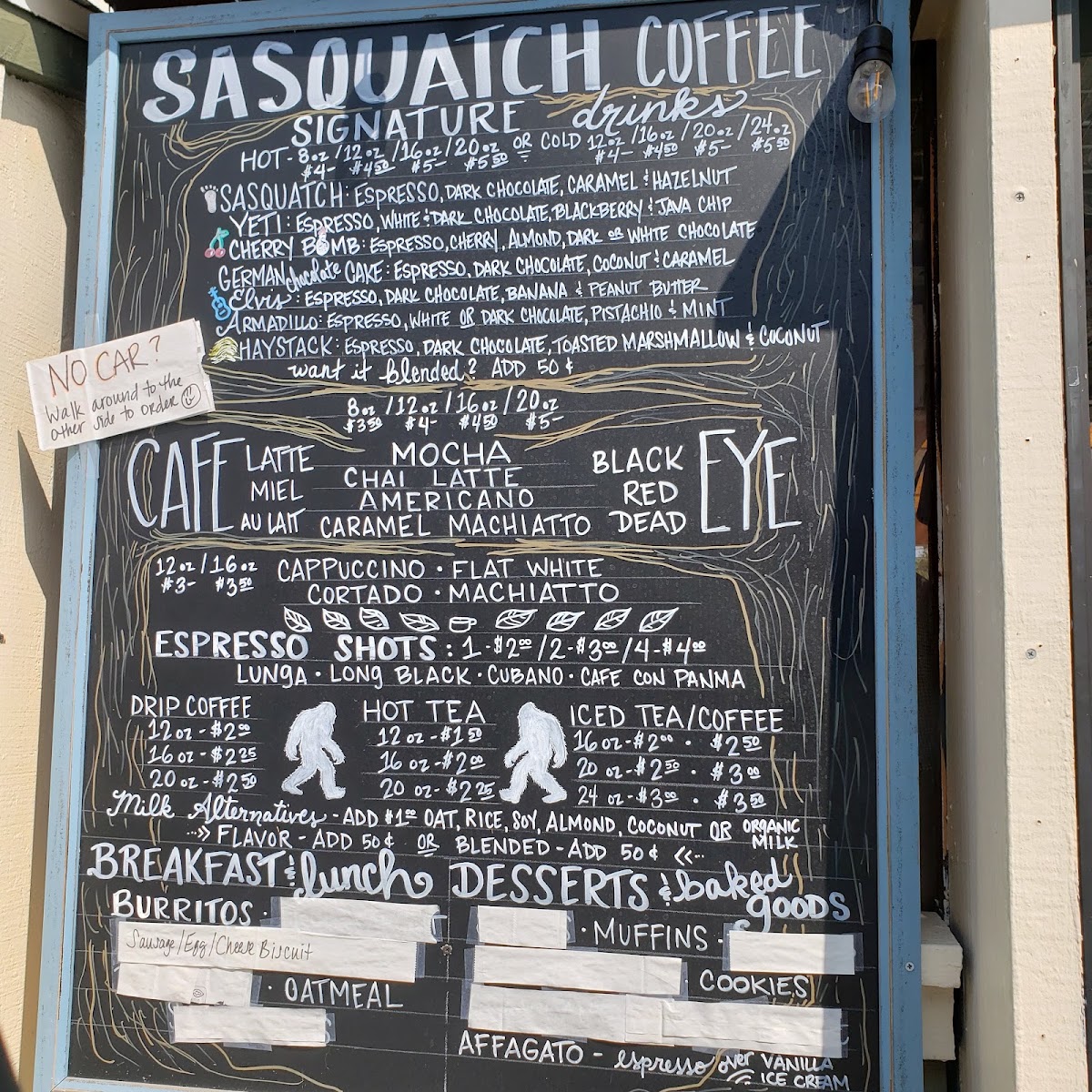 Sasquatch Coffee House menu board