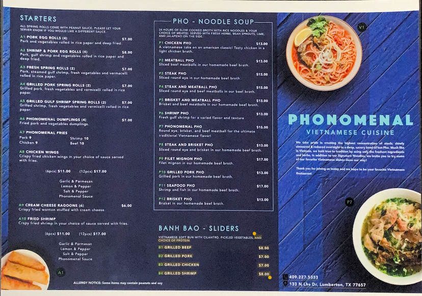 Pho Nomenal menu board