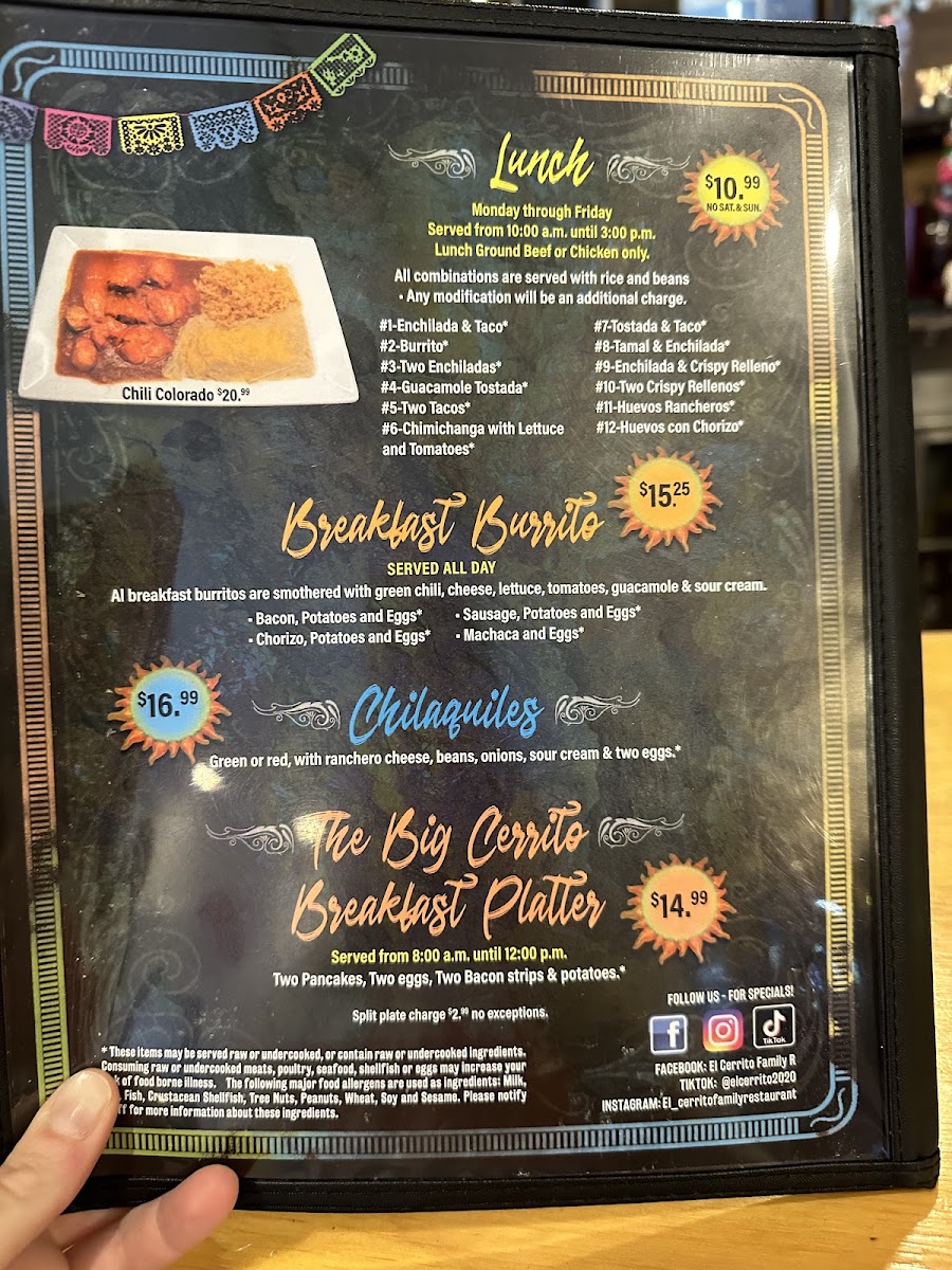 El Cerrito Family Restaurant menu board