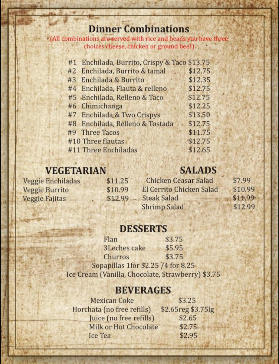 El Cerrito Family Restaurant menu board
