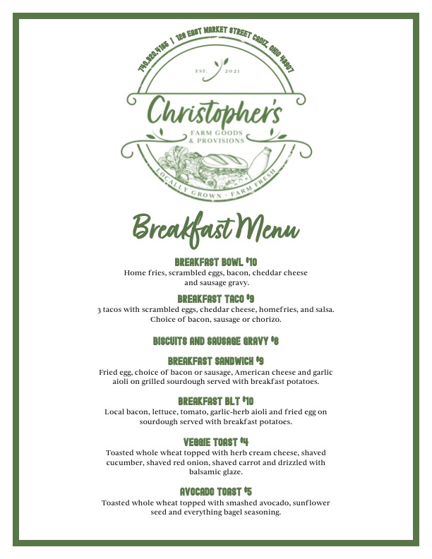 Christopher's Farm Goods & Provisions menu board